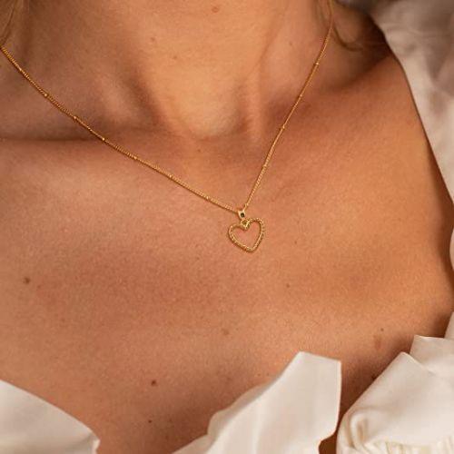 TEWIKY Fine Jewlry Necklaces Beads Chain with Open Heart Pendant Necklace Gold