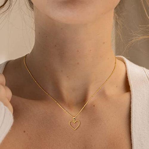 TEWIKY Fine Jewlry Necklaces Beads Chain with Open Heart Pendant Necklace Gold