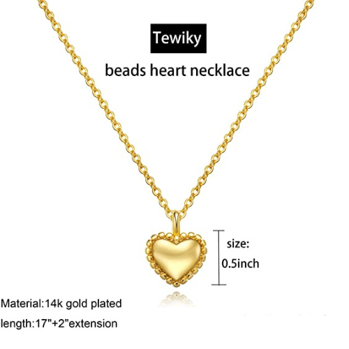 TEWIKY Fine Jewlry Beads Puffed Heart Pendant Necklace Gold
