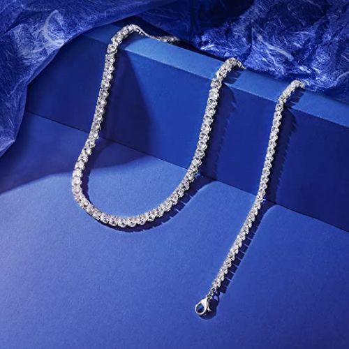 TEWIKY Fine Jewlry Necklaces CZ Diamond Tennis Necklace with Bracelet Set Silver