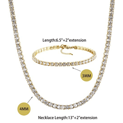 TEWIKY Fine Jewlry Necklaces CZ Diamond Tennis Necklace with Bracelet Set Gold