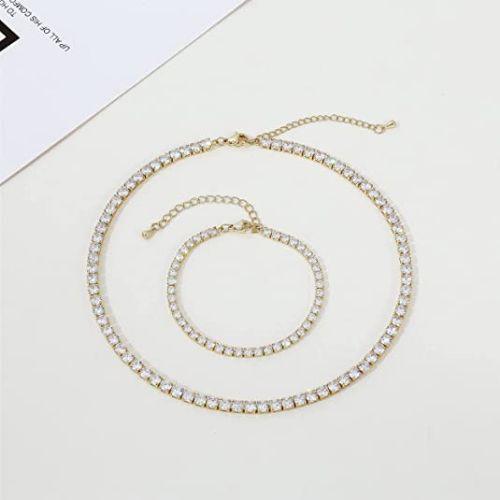 TEWIKY Fine Jewlry Necklaces CZ Diamond Tennis Necklace with Bracelet Set Gold