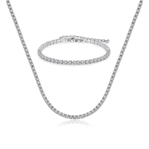 TEWIKY Fine Jewlry Necklaces CZ Diamond Tennis Necklace with Bracelet Set Silver