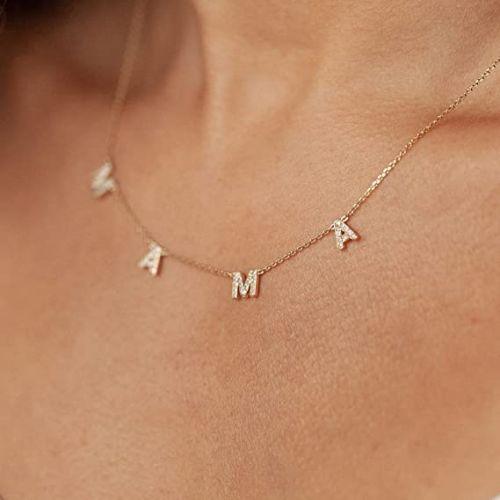 TEWIKY Fine Jewlry Necklaces CZ MAMA Letter Necklace Gold