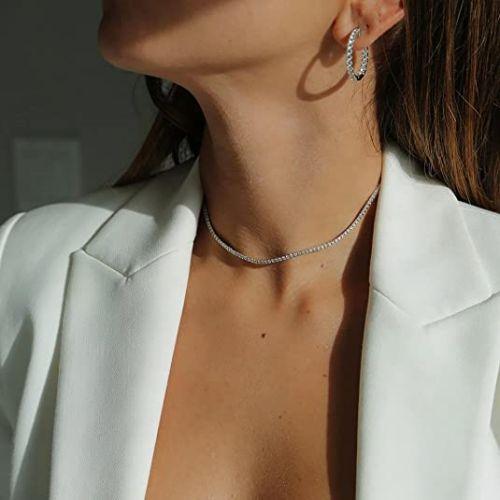 TEWIKY Fine Jewlry Necklaces Classic Tennis Choker Necklace Silver