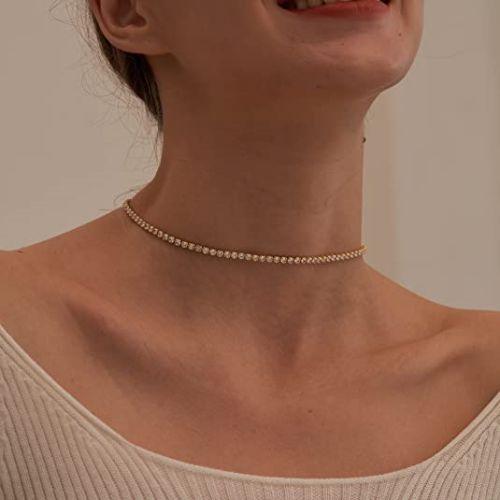 TEWIKY Fine Jewlry Necklaces Classic Tennis Choker Necklace Gold