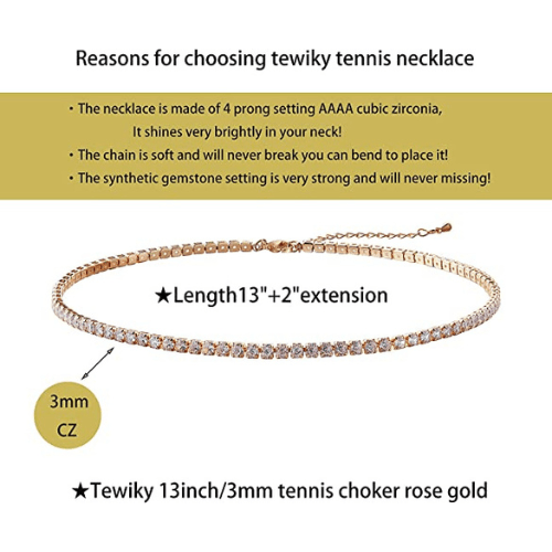TEWIKY Fine Jewlry Necklaces Classic Tennis Choker Necklace Rose Gold