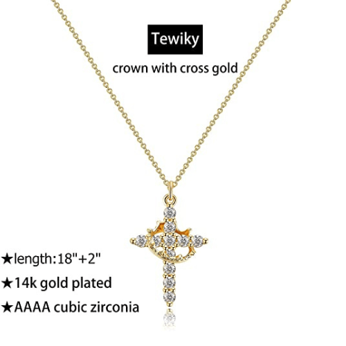 TEWIKY Fine Jewlry Necklaces Crown with Cross Pendant Necklace Gold