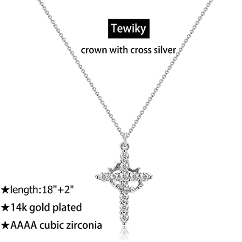 TEWIKY Fine Jewlry Necklaces Crown with Cross Pendant Necklace Silver