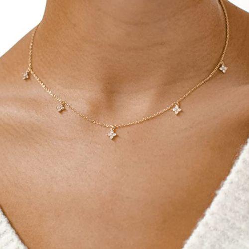 Tewiky Four Leaf Clover Necklace, 14k Gold Plated CZ
