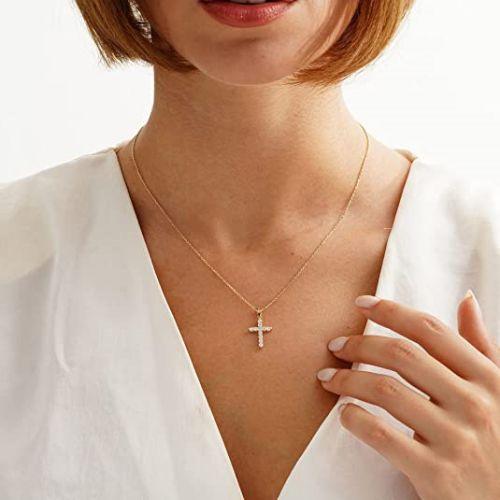TEWIKY Fine Jewlry Necklaces Dainty Cubic Zirconia Cross Necklace Gold