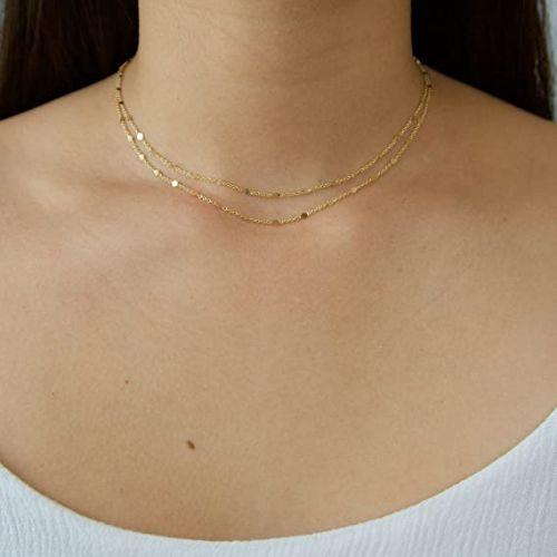 TEWIKY Fine Jewlry Necklaces Dainty Layered Dot Chain Necklace Gold