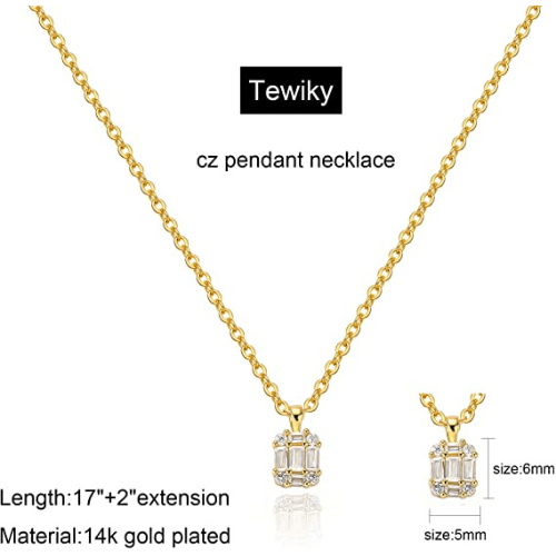 TEWIKY Fine Jewlry Necklaces Emerald Cut CZ Pendant Necklace Gold