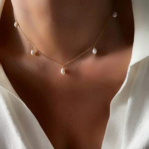 TEWIKY Fine Jewlry Necklaces Five 4mm Pearl Choker Necklace Gold