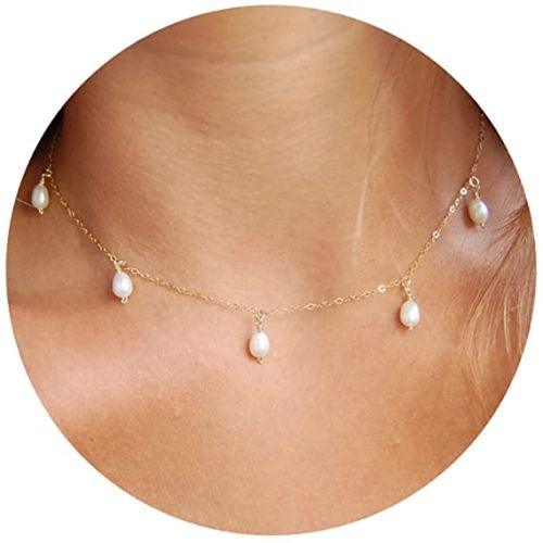 TEWIKY Fine Jewlry Necklaces Five 4mm Pearl Choker Necklace Gold