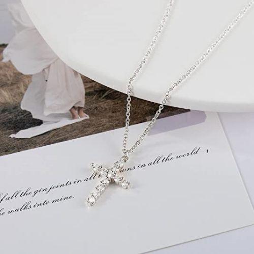 TEWIKY Fine Jewlry Necklaces Large CZ Diamond Cross Pendant Necklace Silver