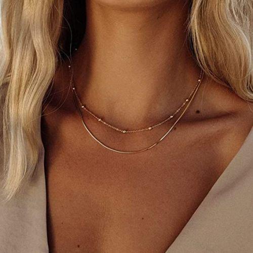 TEWIKY Fine Jewlry Necklaces Layered Beaded Chain Necklace Gold