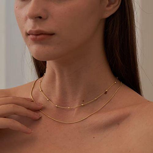 TEWIKY Fine Jewlry Necklaces Layered Beaded Chain Necklace Gold