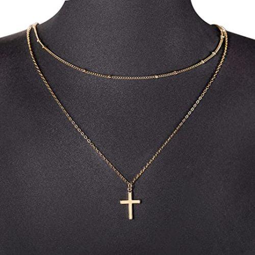 TEWIKY Fine Jewlry Necklaces Layered Beaded Chain with Cross Pendant Necklace Gold