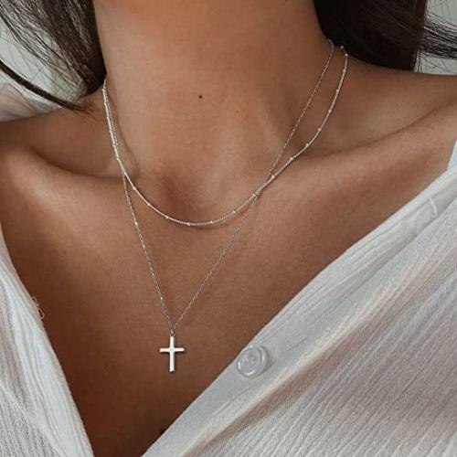 TEWIKY Fine Jewlry Necklaces Layered Beaded Chain with Cross Pendant Necklace Silver