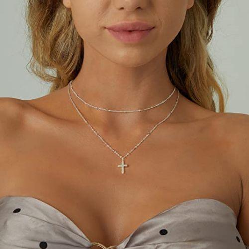 TEWIKY Fine Jewlry Necklaces Layered Beaded Chain with Cross Pendant Necklace Silver