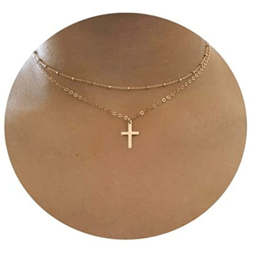 TEWIKY Fine Jewlry Necklaces Layered Beaded Chain with Cross Pendant Necklace Gold