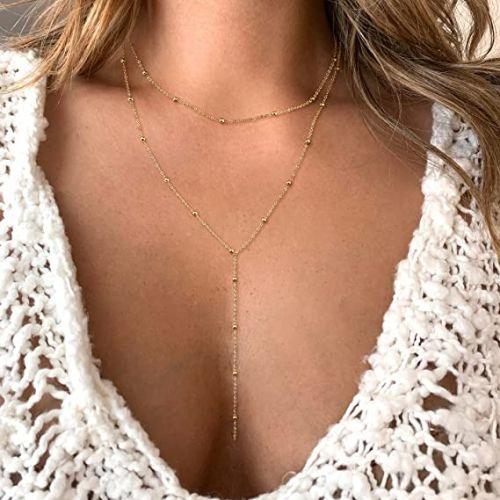 TEWIKY Fine Jewlry Necklaces Layered Beaded Y Necklace Gold