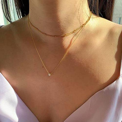 TEWIKY Fine Jewlry Necklaces Layered Beads Choker with CZ Pendant Necklace Gold