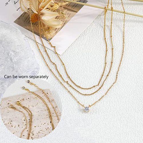 TEWIKY Fine Jewlry Necklaces Layered Beads Choker with CZ Pendant Necklace Gold