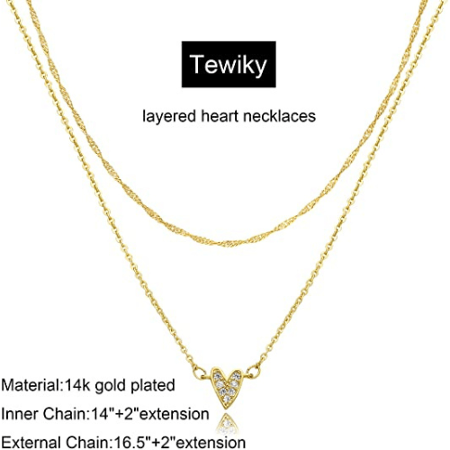 TEWIKY Fine Jewelry Necklaces Layered CZ Diamond Heart Necklace Gold