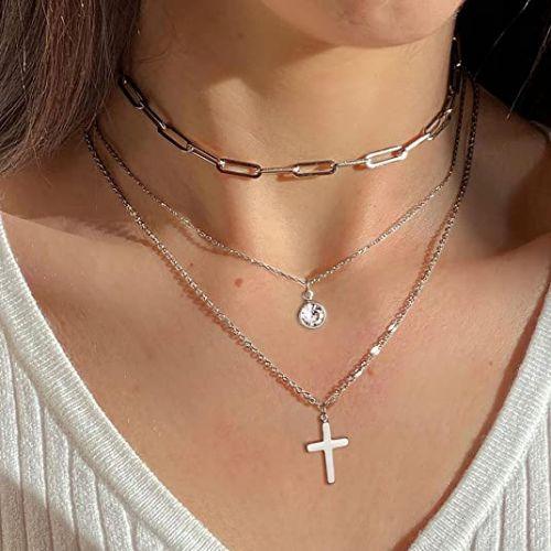 TEWIKY Fine Jewlry Necklaces Layered CZ & Cross Pendant Necklace Silver