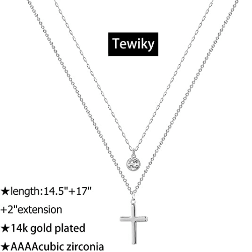 TEWIKY Fine Jewlry Necklaces Layered CZ & Cross Pendant Necklace Silver