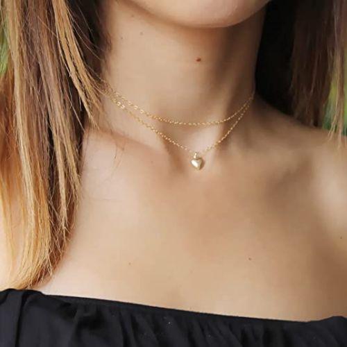 TEWIKY Fine Jewlry Necklaces Layered Choker with Puffed Heart Pendant Necklace Gold