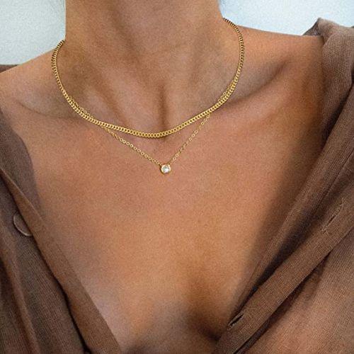 TEWIKY Fine Jewlry Necklaces Layered Cuban Chain with CZ Pendant Necklace Gold