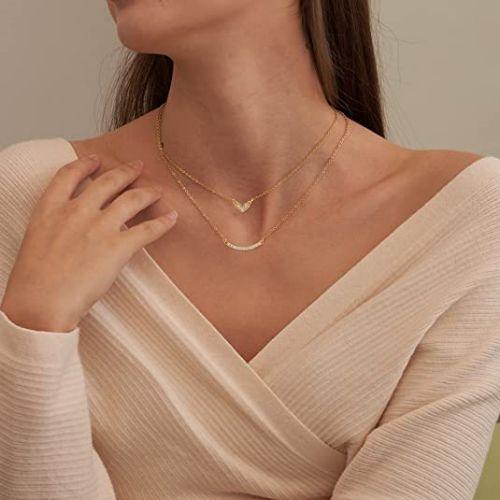 TEWIKY Fine Jewlry Necklaces Layered Heart Choker with Curved Bar Necklace Gold
