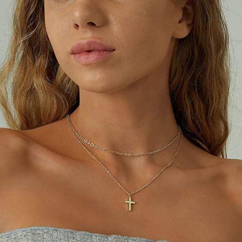 TEWIKY Fine Jewlry Necklaces Layered Link with Cross Pendant Necklace Gold