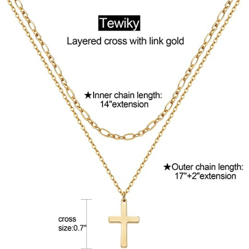 TEWIKY Fine Jewlry Necklaces Layered Link with Cross Pendant Necklace Gold