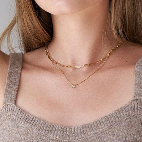 TEWIKY Fine Jewlry Necklaces Layered Paperclip Choker with CZ Necklace Gold