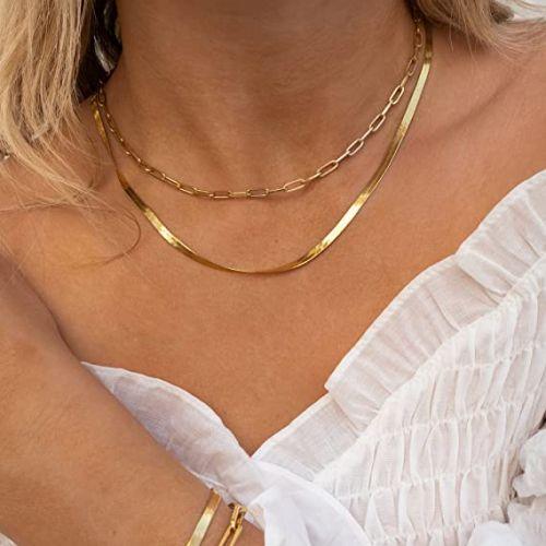 TEWIKY Fine Jewlry Necklaces Layered Paperclip Choker with Herringbone Necklace Gold