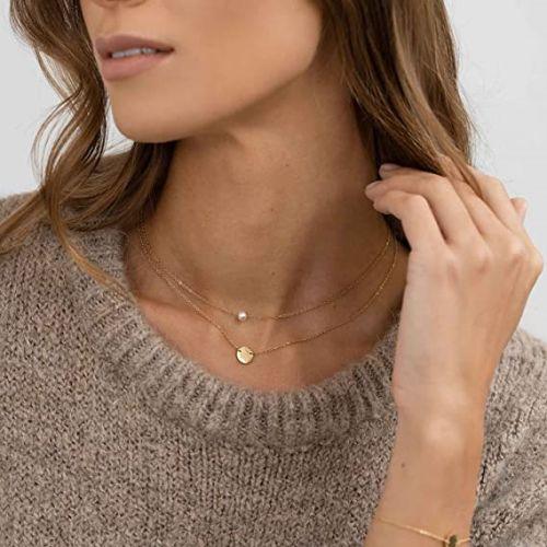 TEWIKY Fine Jewlry Necklaces Layered Pearl & Disc Necklace Gold
