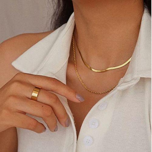 TEWIKY Fine Jewlry Necklaces Layered Snake Chain with Rope Necklace Gold