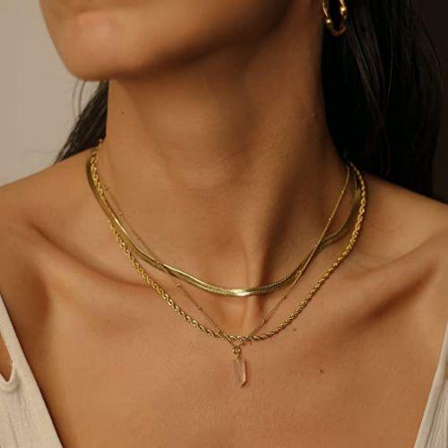 TEWIKY Fine Jewlry Necklaces Layered Snake Chain with Rope Necklace Gold