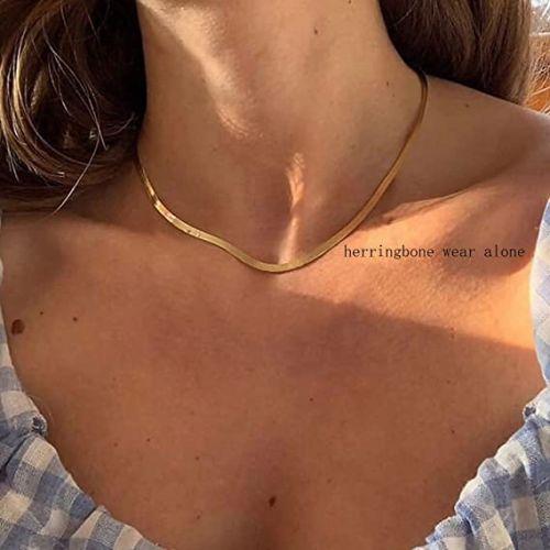 TEWIKY Fine Jewlry Necklaces Layered Tennis Choker with Herringbone Necklace Gold