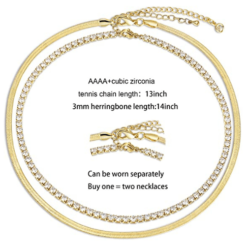 TEWIKY Fine Jewlry Necklaces Layered Tennis Choker with Herringbone Necklace Gold