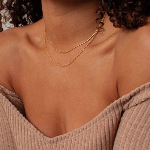 TEWIKY Fine Jewlry Necklaces Layered Thin Choker with Wave Necklace Gold