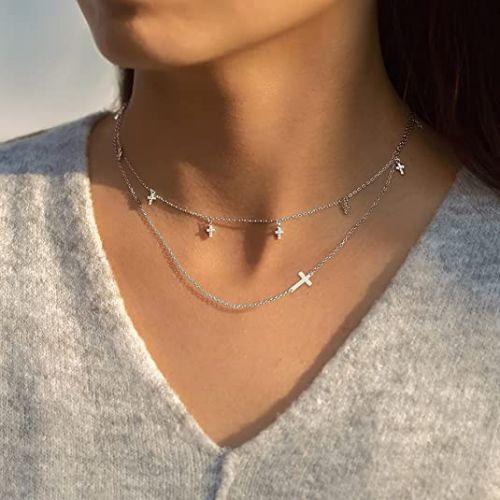 TEWIKY Fine Jewlry Necklaces Mini Cross Choker Pendant Necklace Silver