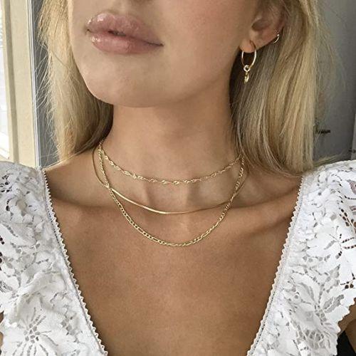 TEWIKY Fine Jewlry Necklaces Multi-Layered Wave & Snake & Figaro Chain Necklace Gold