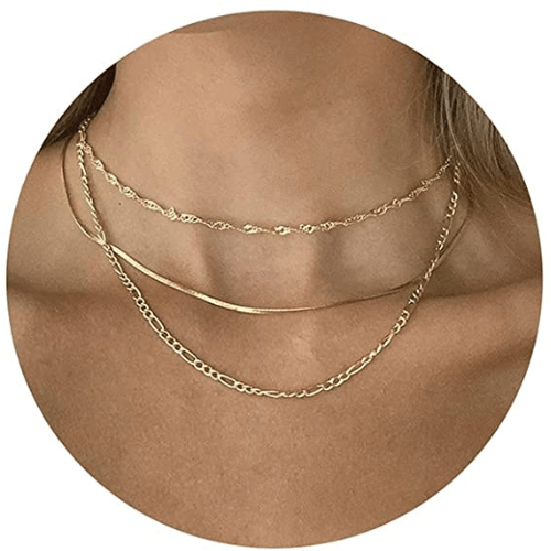TEWIKY Fine Jewlry Necklaces Multi-Layered Wave & Snake & Figaro Chain Necklace Gold