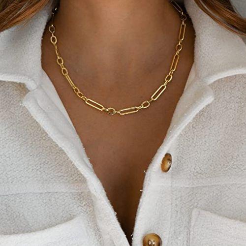 TEWIKY Fine Jewlry Necklaces Paperclip Chain Necklace Gold