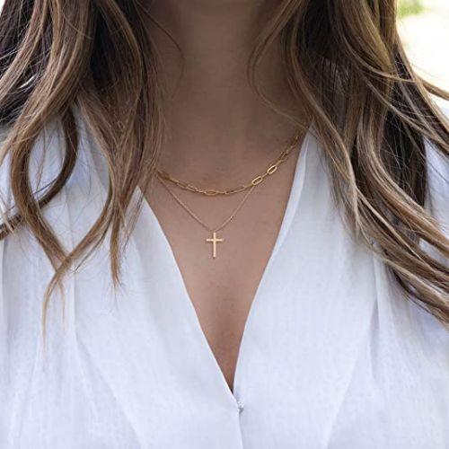 TEWIKY Fine Jewlry Necklaces Paperclip Choker with Cross Pendant Necklace Gold